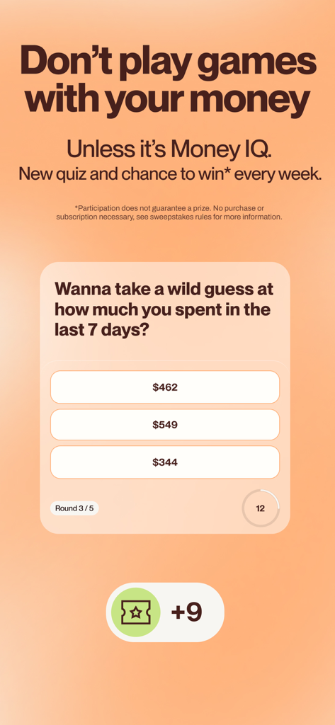 Tela do quiz Money IQ da Cleo AI pedindo a um usuário para adivinhar seu valor de gastos semanal como parte de um desafio financeiro gamificado.