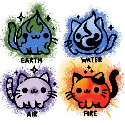 4 cats that represent the different elements, earth, water, air, and fire
