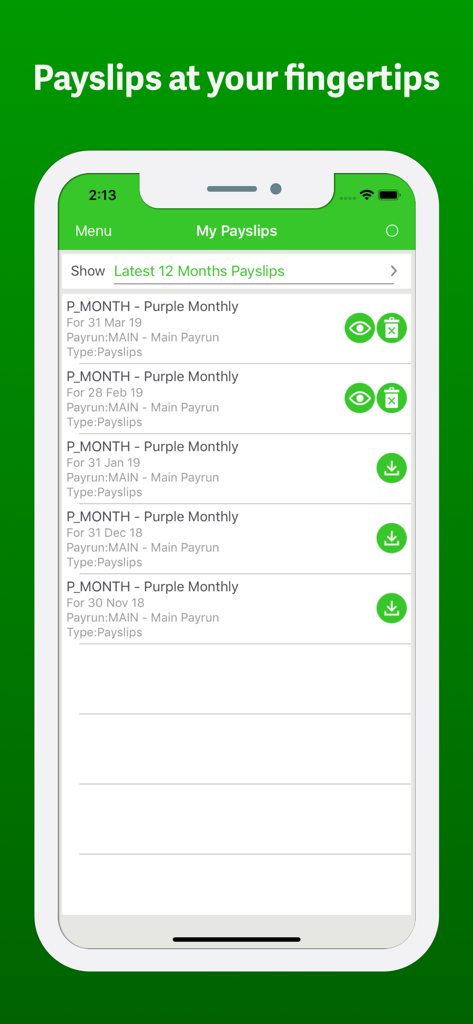 Sage Self Service mobile app displaying a list of monthly employee payslips