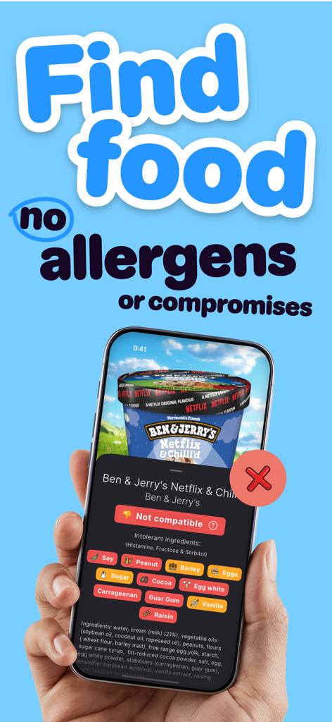 FODMAP & Allergy: InTolerApp - Pantalla de teléfono inteligente de InTolerApp que muestra un producto alimenticio marcado como no compatible debido a múltiples alérgenos e ingredientes.