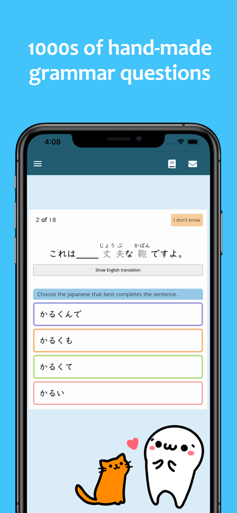 Un ejercicio de gramática japonesa de opción múltiple en la aplicación renshuu con lindas mascotas.