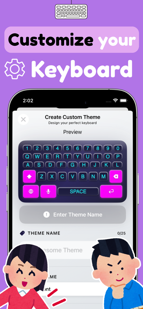 Keyboard fonts & themes - Qety - A mobile app interface for creating a custom keyboard theme with a dark keyboard preview and pink accents.