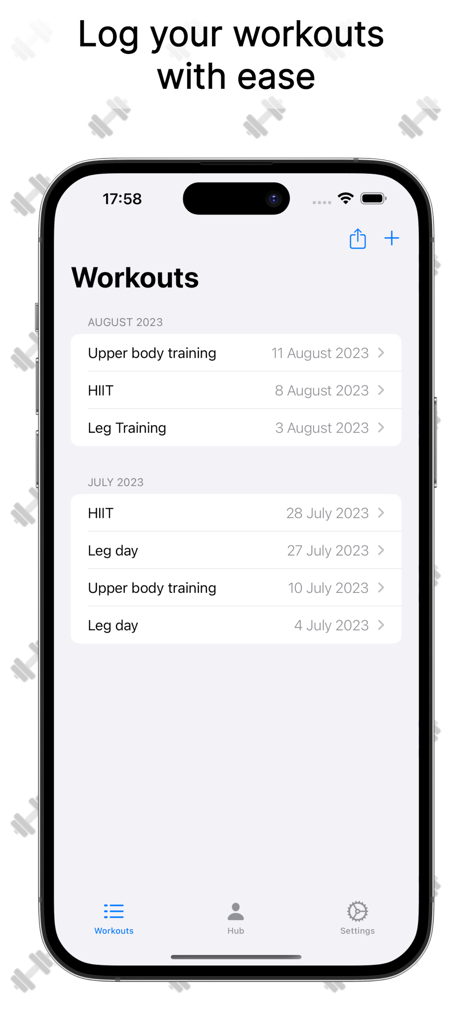 Workouts Gym Diary - Workout history screen in Workouts Gym Diary app showing a list of logged training sessions by month.