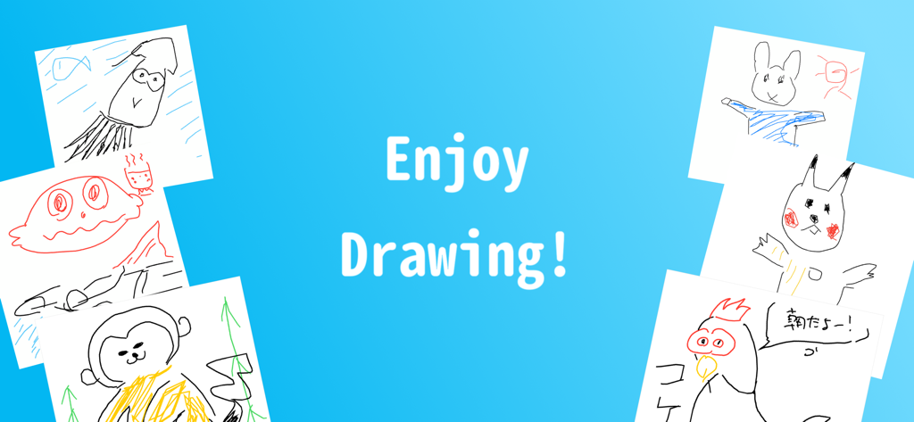 DrawTogether! - Enjoy Drawing - Hand drawn doodles of animals and characters on a blue background with the text Enjoy Drawing