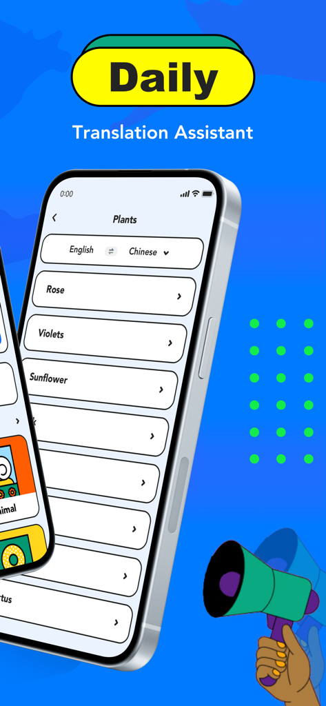 AI Chat Translator:Voice&Photo - AIチャット翻訳アプリがiPhone画面に英語から中国語への毎日の語彙翻訳を表示している様子