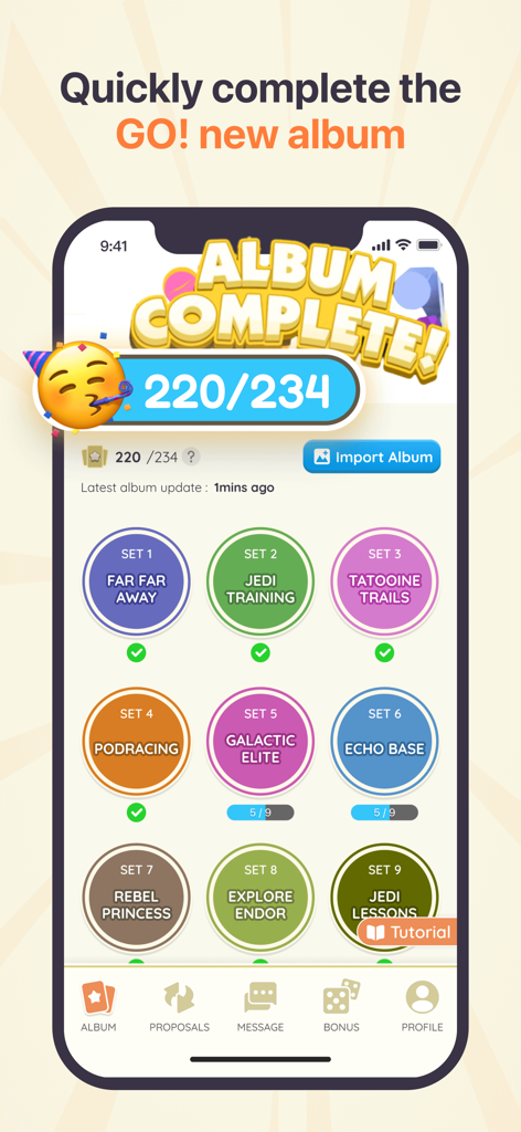 StickerHub app screen displaying sticker collection progress for Monopoly GO album completion.