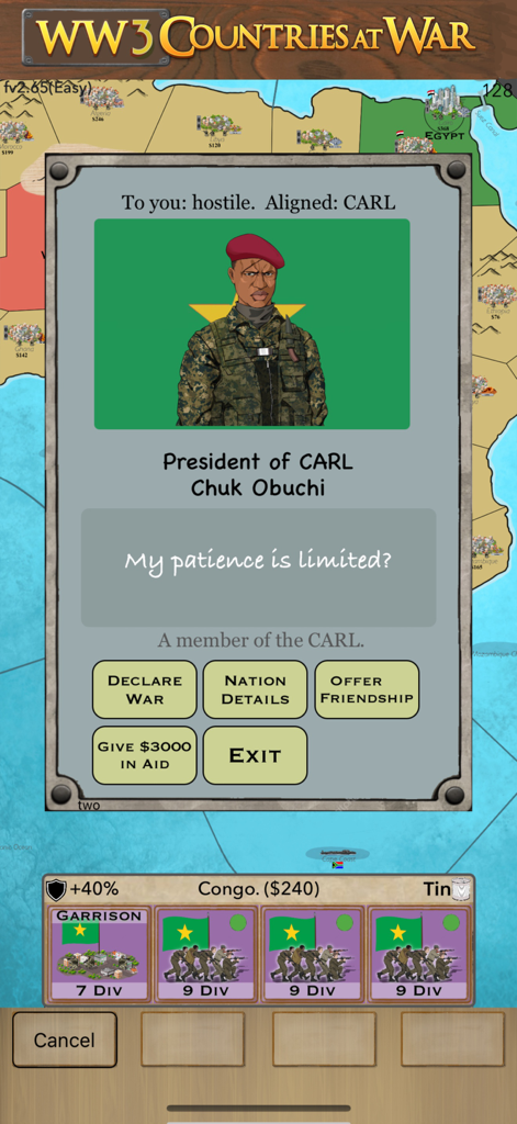 WW3 Countries at War - Diplomacy screen in WW3 Countries at War showing a hostile leader and military action options