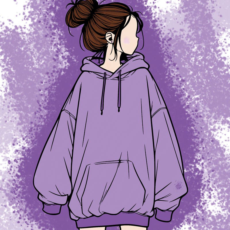 realistic girl with a oversized sweatshirt on and a bun