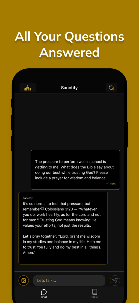 Sanctify - Christian Companion - Sanctify app chat interface showing an AI providing a Bible verse and prayer to help a student with school stress.