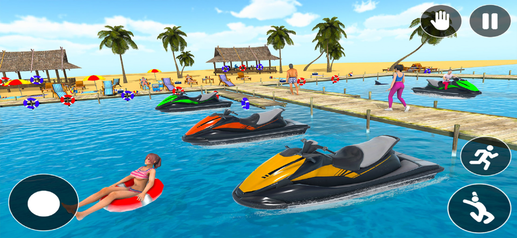 Grand Beach Club Simulator 3D - A 3D gameplay screenshot of Grand Beach Club Simulator showing jet skis on the water and a character on a floatie at a tropical beach resort.