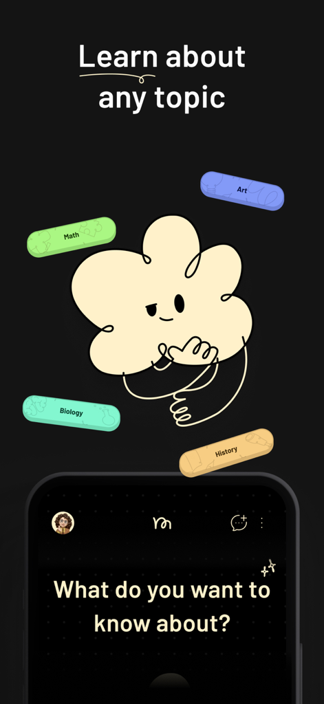 Mimir app interface showing educational topics including math, biology, and history