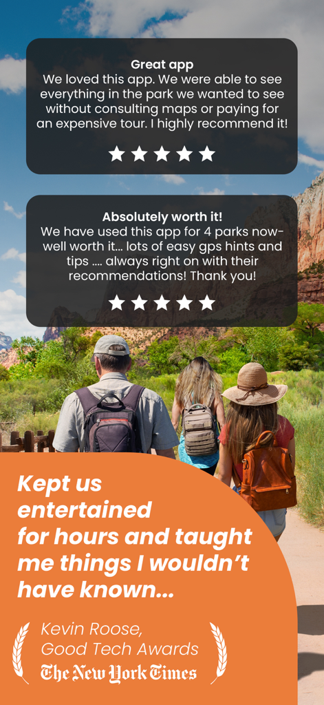 Positive user reviews and hikers in Zion National Park featuring a New York Times award mention
