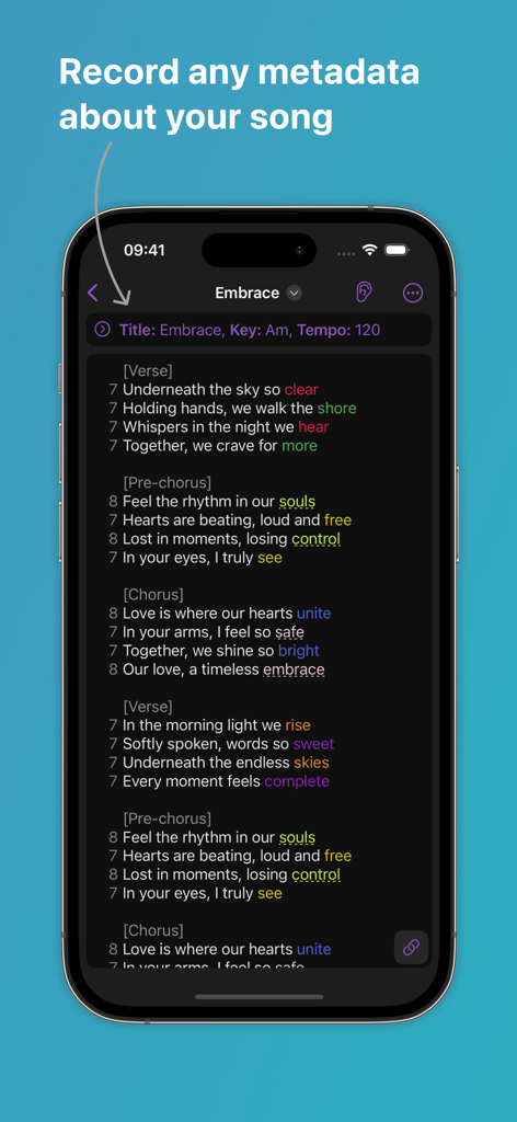 Lyric writing interface showing song metadata like title, key, and tempo with syllable counts and rhyme highlighting.