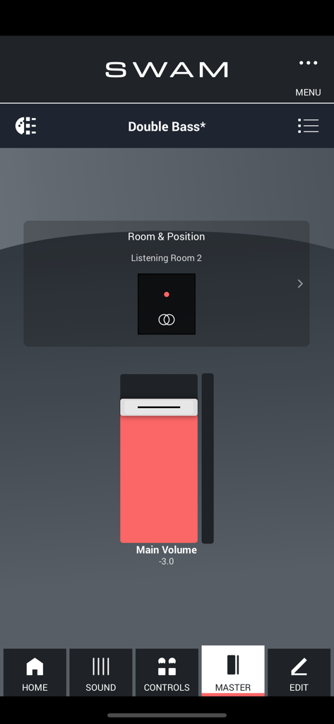 SWAM Double Bass app master control panel with room position and main volume settings