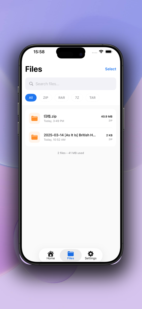 Unzip RAR 7Z – Zip Extractor - The file list view of the Unzip RAR 7Z app on an iPhone showing compressed zip archives and format filters