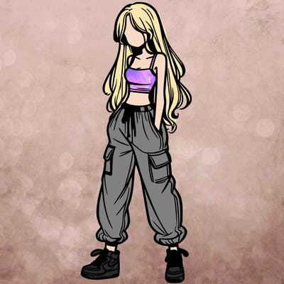 girl in baggy pants crop top and long hair