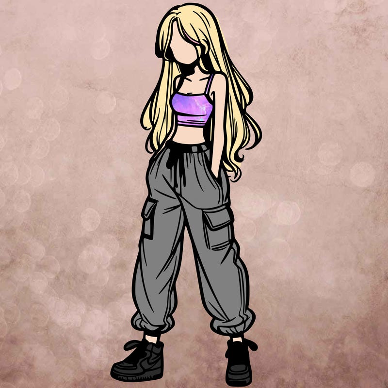 girl in baggy pants crop top and long hair