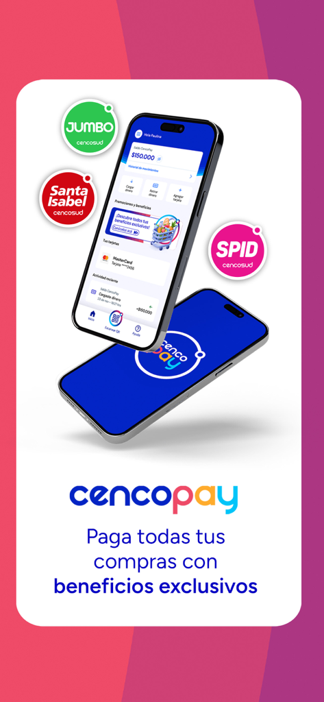 CencoPay, tu billetera digital - Interfaz de la aplicación de billetera digital CencoPay que muestra beneficios exclusivos y minoristas integrados Jumbo, Santa Isabel y SPID.