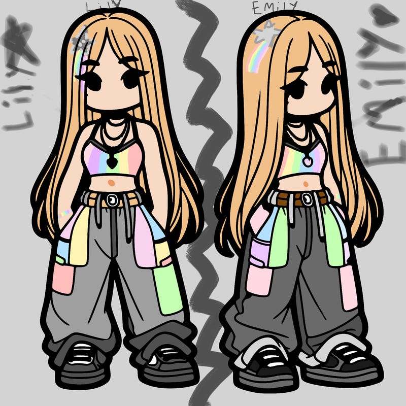 girl in baggy pants crop top and long hair