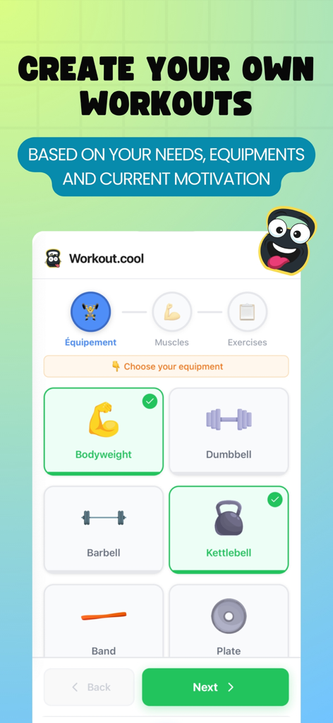 Workout.cool: Fitness Coach - Interface de l'application Workout.cool montrant la configuration en trois étapes pour sélectionner l'équipement de fitness comme le poids corporel et les kettlebells