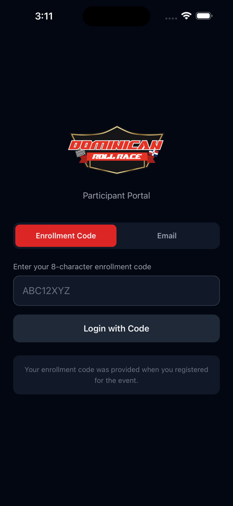 Dominican Roll Race - Dominican Roll Race participant portal login screen where users enter their 8 character enrollment code
