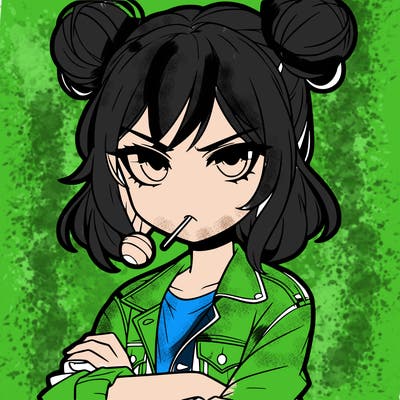 an anime girl with pigtails buns that are loose and free, she is wearing a jean jacket with her arms crossed. she has a lollipop in her mouth with her eyes narrowed. she looks very cool and daring