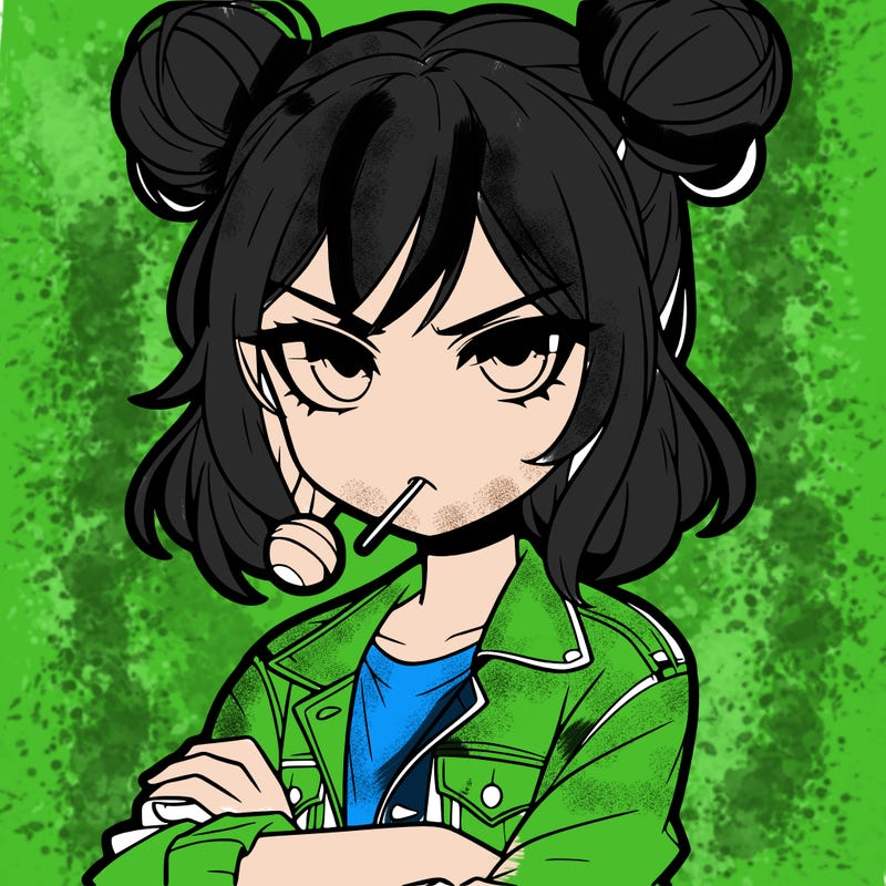 an anime girl with pigtails buns that are loose and free, she is wearing a jean jacket with her arms crossed. she has a lollipop in her mouth with her eyes narrowed. she looks very cool and daring