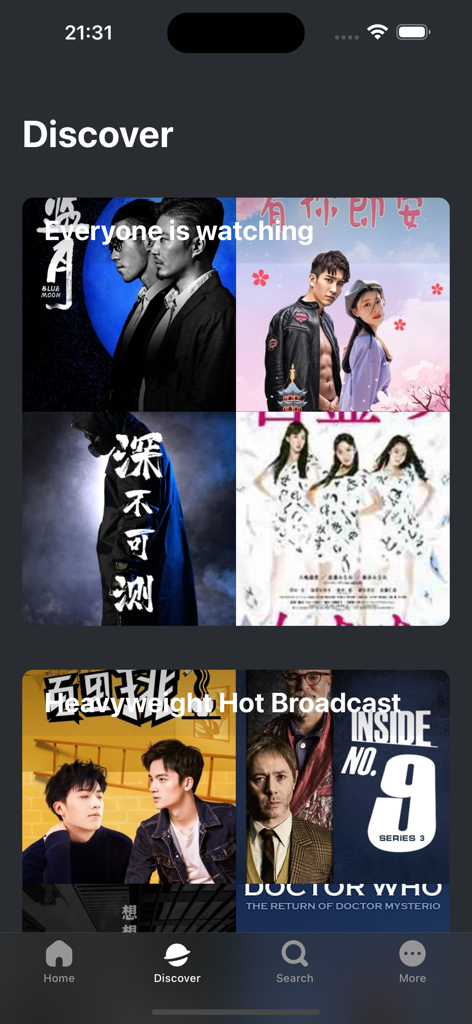 Discover page of the American TV Heaven app showing recommended TV shows and trending broadcasts.