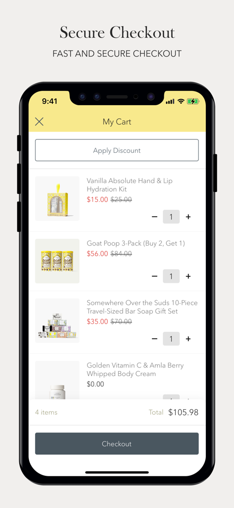 Beekman 1802 - Beekman 1802 app shopping cart screen displaying skincare products and a secure checkout button