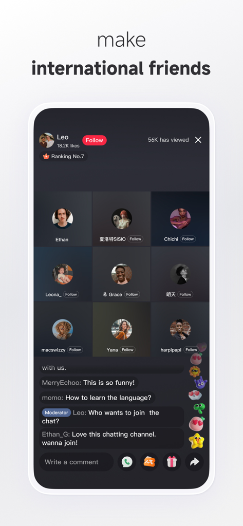 Capture d'écran de l'application mobile Rednote montrant une salle de discussion vidéo de groupe pour se faire des amis internationaux
