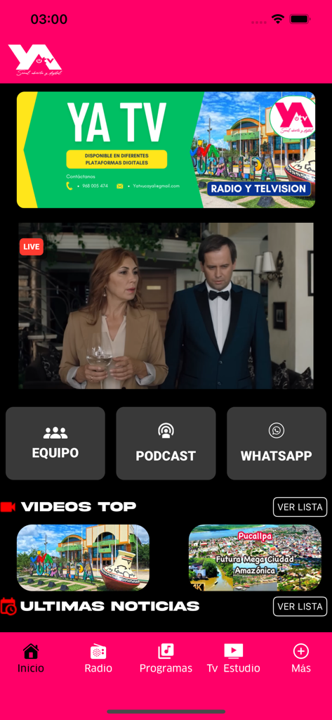 YATV - 푸칼파의 라이브 TV 및 지역 뉴스 섹션을 보여주는 YATV 모바일 앱 인터페이스