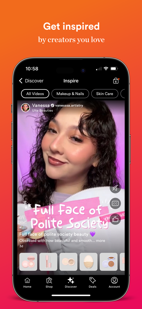 Sección Descubrir de la aplicación Ulta Beauty con un video de un creador de belleza con enlaces de productos para comprar