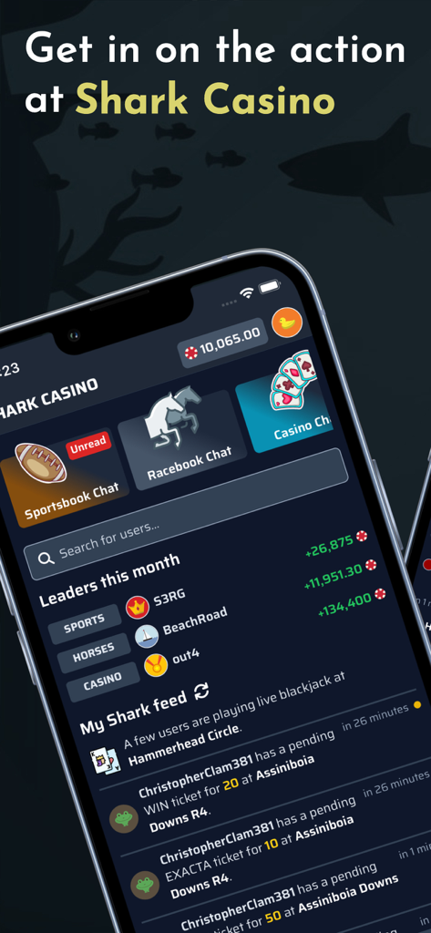 Shark Casino and Sportsbook - 월간 리더보드와 소셜 베팅 피드를 보여주는 상어 카지노 앱의 모바일 인터페이스