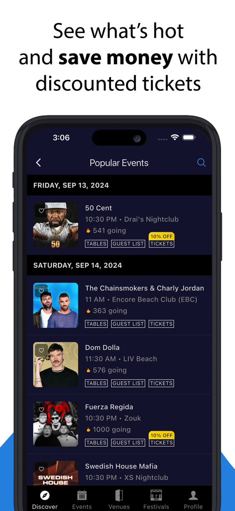 Discotech Nightlife - Discotech app screen displaying popular nightclub events and discounted tickets