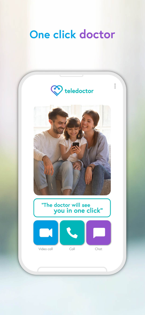 teledoctor. - Teledoctor app interface showing a family and options for video call, call, or chat consultations