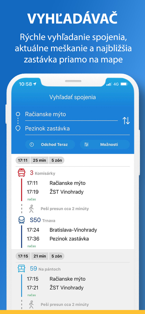 IDS BK  Cestujeme jednoduchšie - Interface of the IDS BK transit app showing a route search with tram and train connections in Bratislava