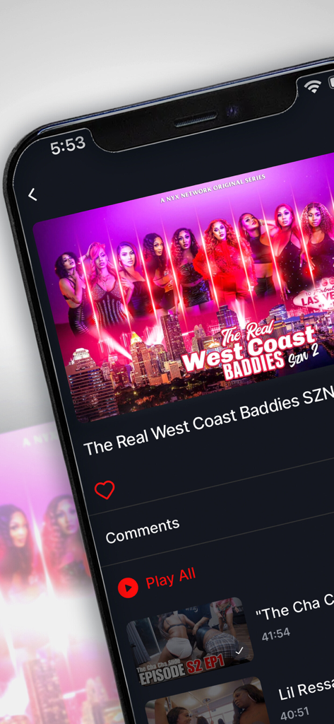 The Nyx Network - The Nyx Network app interface showing the original series The Real West Coast Baddies on a smartphone