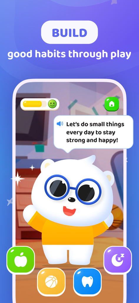 HabbyApp: Kids Habit & Routine - A cute white bear character in HabbyApp with icons for daily routines like eating and brushing teeth encouraging children to build good habits.