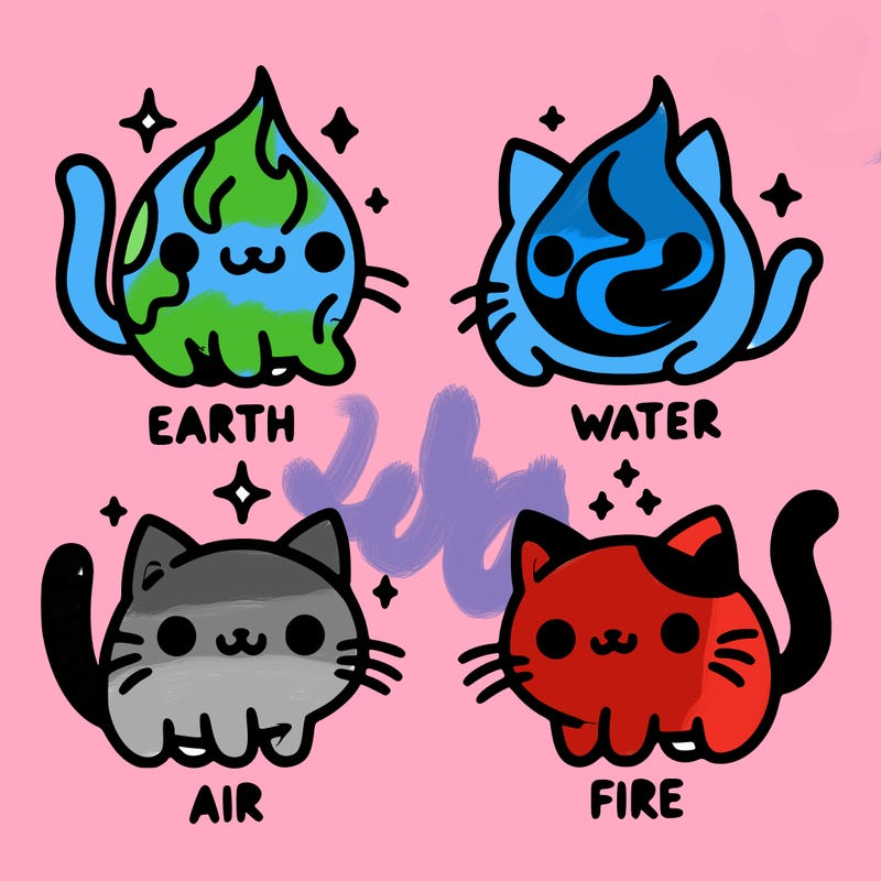 4 cats that represent the different elements, earth, water, air, and fire