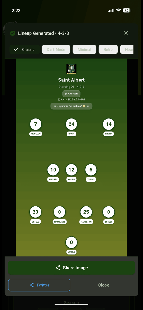 Eine Fußball-Aufstellungsgrafik, die eine 4-3-3-Formation für das Team Saint Albert zeigt, generiert von der TeamSync-App