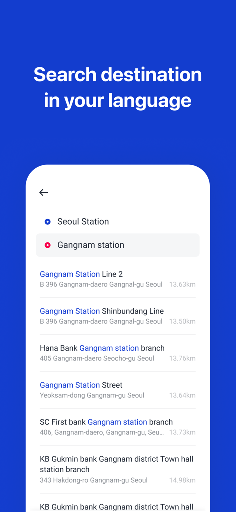 k.ride - taxi, cab, travel - Tela de smartphone mostrando o aplicativo k.ride com resultados de pesquisa em inglês para locais em Seul, incluindo a estação Gangnam
