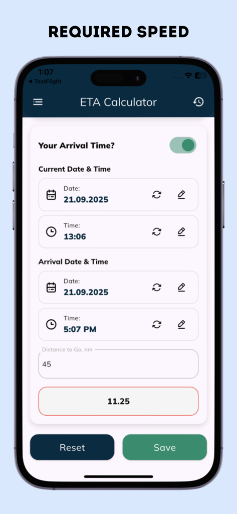 Mobile screen of ETA Calculator app showing required speed calculation based on distance and arrival time