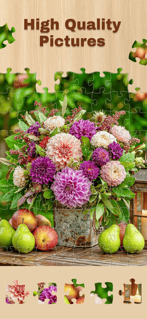 Jigsaw Puzzle: Magic Game - Un puzzle de rompecabezas digital parcialmente completado con un hermoso ramo de flores moradas y peras verdes sobre una mesa de madera.