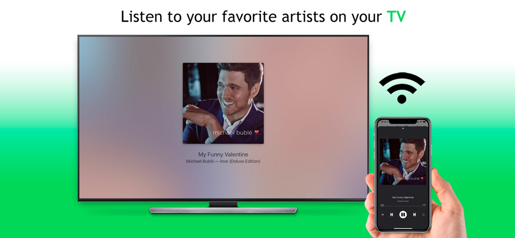 A person using an iPhone to cast music wirelessly to a television screen using the Youtify app
