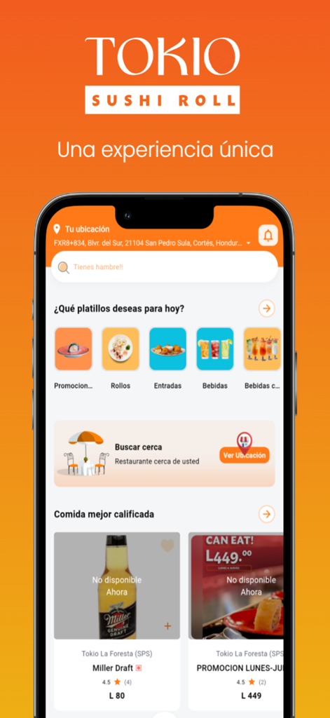 Tokio Sushi Roll - Tokio Sushi Roll mobile app home screen showing food categories and featured menu items in Spanish