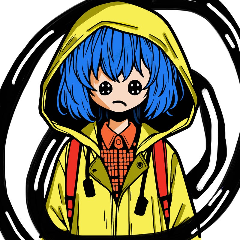 little anime girl in a raincoat her hair is covering her eyes she has a lighter