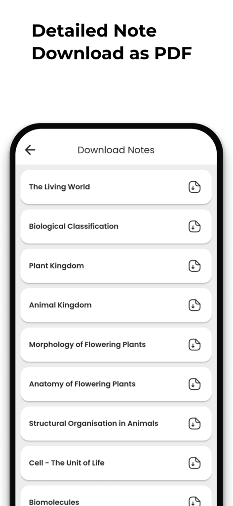 NEETprep Essential - NEETprep Essential app screen showing a list of biology chapters like Plant Kingdom and Animal Kingdom with PDF download options.