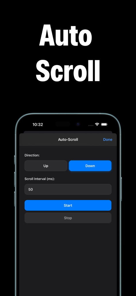 Auto Click - Auto Clicker app - Interface montrant les paramètres de défilement automatique avec les options de direction et d'intervalle