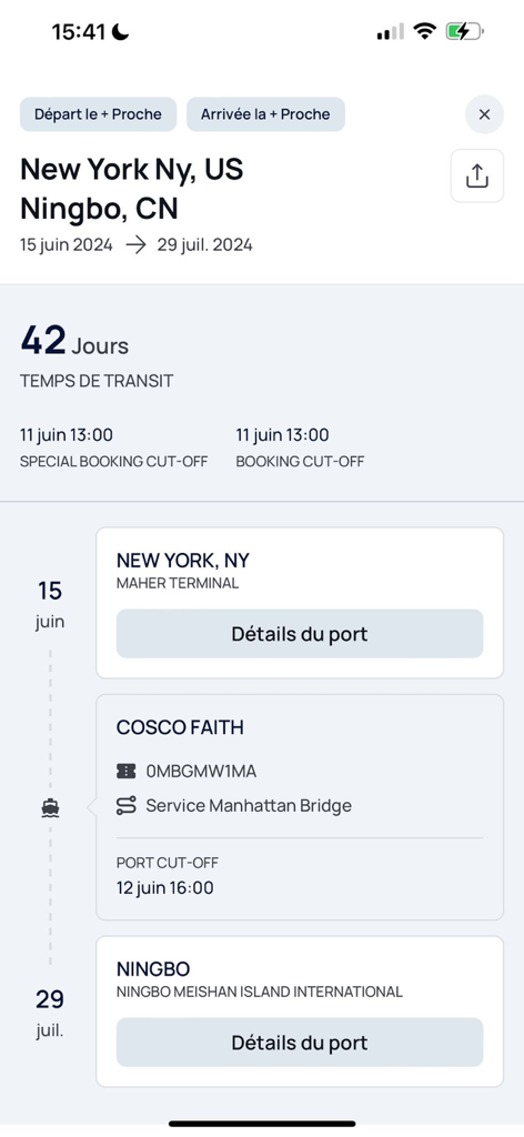 CMA CGM - CMA CGM app showing a shipping route from New York to Ningbo with transit time and vessel schedules