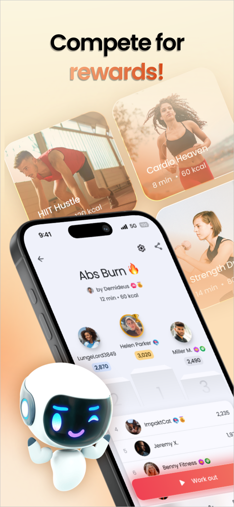 Impakt AI Fitness Gym, Rewards - Mobile screen showing a fitness leaderboard with users competing for rewards in the Impakt AI app.